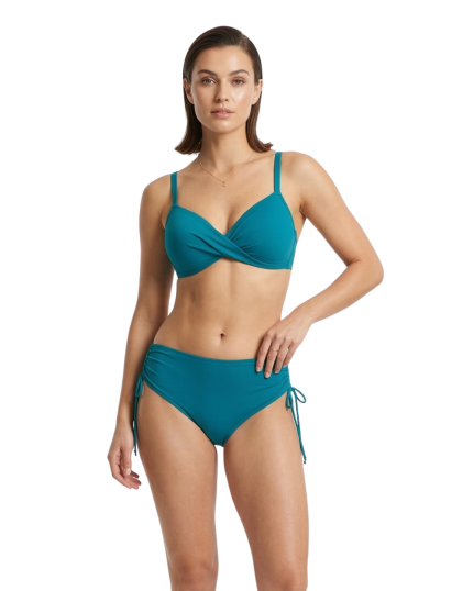 Ženske kopalke Seča Turkiz s kostjo brez košarice na modelu