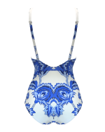 Šolta Bela enodelne kopalke zadaj modro bel vzorec