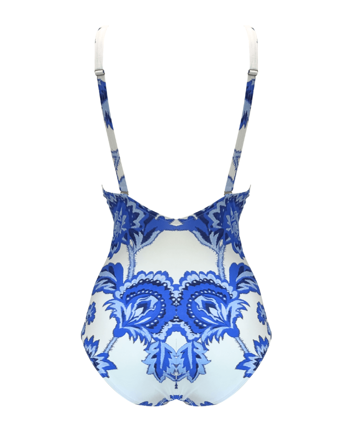 Šolta Bela enodelne kopalke zadaj modro bel vzorec