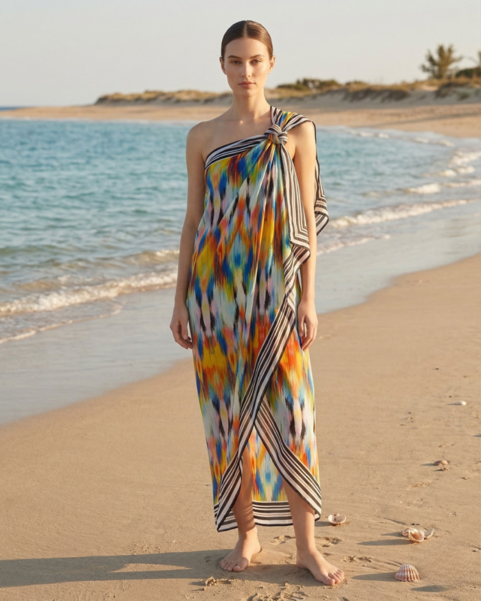 pareo raznobarvni na plaži pareo za kopalke poletni outfit